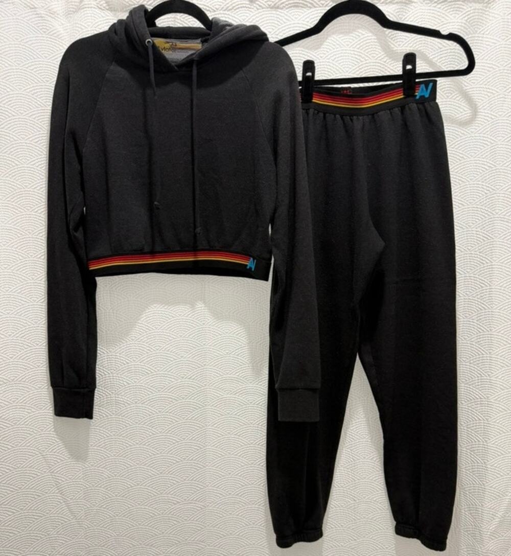Aviator Nation Cropped Pullover Hoodie + Pant Set Logo Rainbow Striped Trim XS